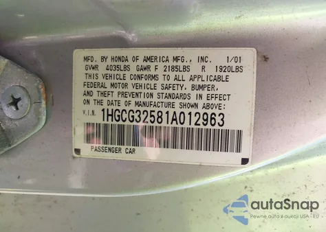 2001 Honda Accord 2.3 Ex from USA, damaged, VIN 1HGCG32581A012963